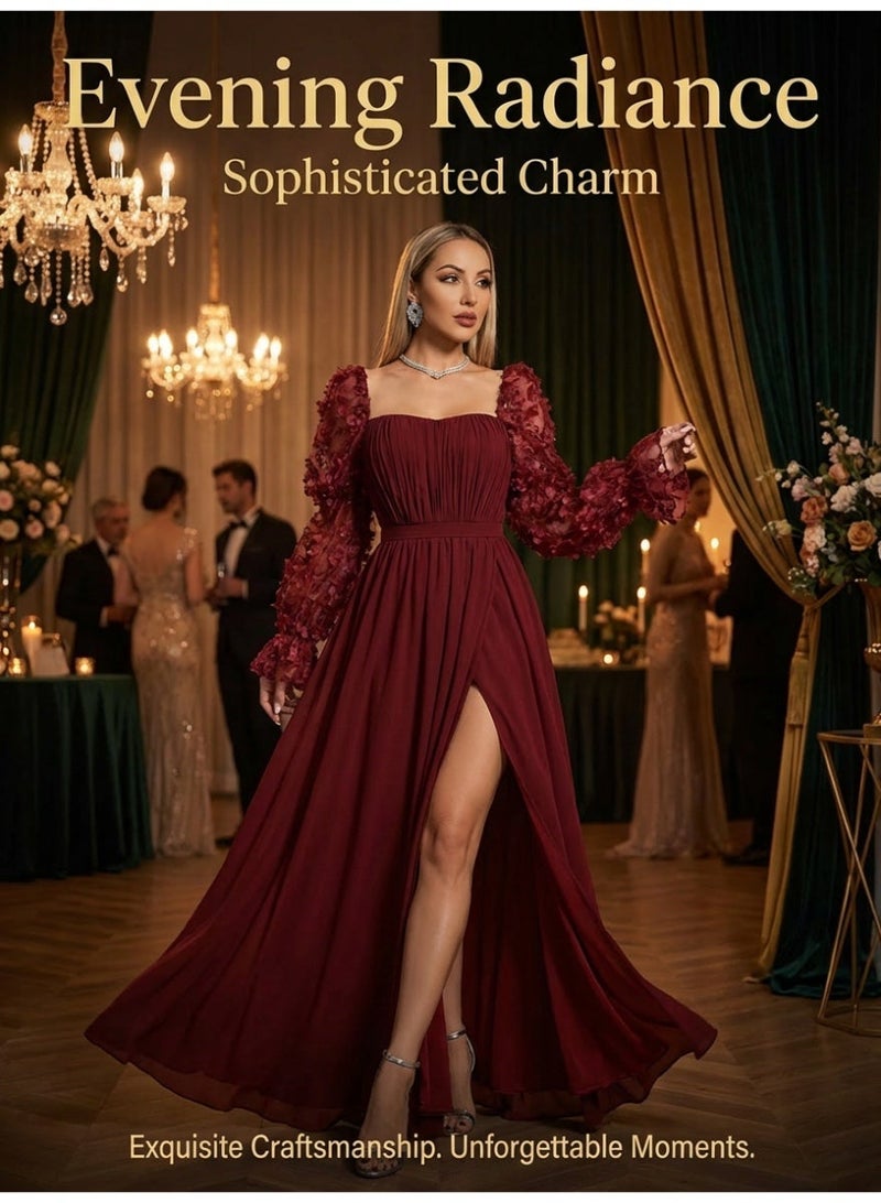 MS MIN Elegant Burgundy Evening Dress for Women – Long Sleeve Formal Party Gown - Image 5